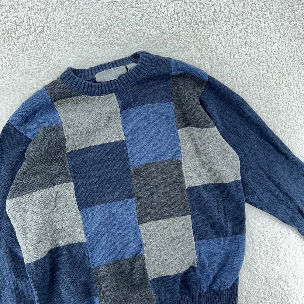 OSCAR DE LA RENTA BLUE GRAY SQUARES KNIT SWEATER Men's LARGE